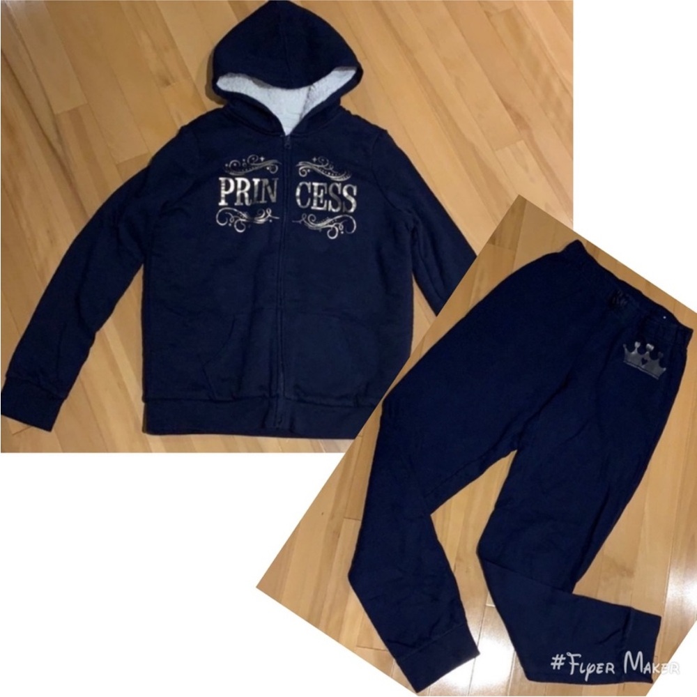 EUC Girls Navy Blue Sherpa Hoodie & Joggers “Princess” - size 16 / XXL